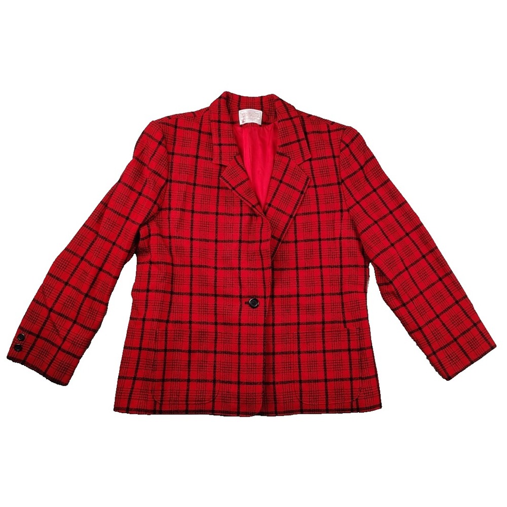Pendleton Vtg 100% Virgin Wool Blazer Red Black Plaid 16 Petite Pocket Lined USA